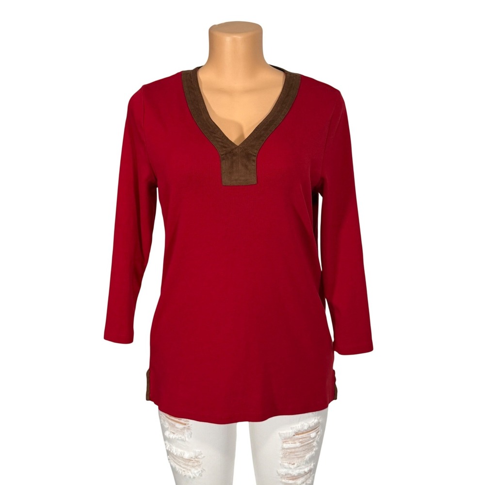 Lauren Ralph Lauren Red V-Neck Top with Faux‎ Suede Trim 3/4 Sleeve Size L